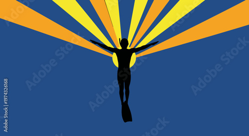 Bold Silhouette Diver Ascends Towards Radiant Sunburst Sky
