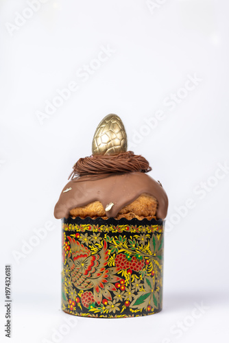 Easter Kulich in Painted Mold with Chocolate Glaze and Golden Egg - Minimalist Festive Dessert