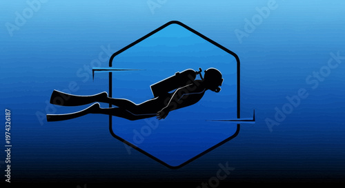 Bold Silhouette Of A Scuba Diver Against A Vibrant Blue Hexagonal Frame
