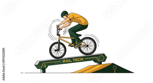 BMX Rider Performing Stunts On A Rail Tech Ramp With Dynamic Motion Lines