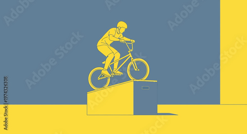 Bold Yellow Bicycle Rider Performs Stunt On Blue Background