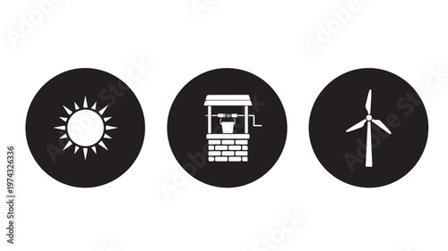 Renewable Energy Icons Set Sun Wind Turbine Well For Sustainable Concepts