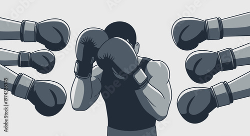 Boxer Defending Against Multiple Incoming Punches Graphic Illustration