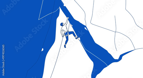 Bold Blue Graphic Depicts Solo Climber Ascending Rocky Mountain Face