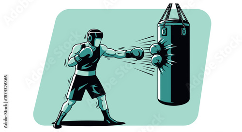 Boxer Training Hard On Punching Bag Dynamic Action Illustration