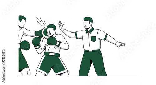 Boxing Match Action Scene With Referee Intervention Minimalist Illustration
