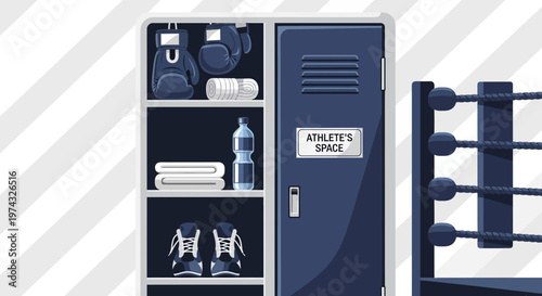 Boxing Gym Locker And Ring Elements For Athlete Preparedness