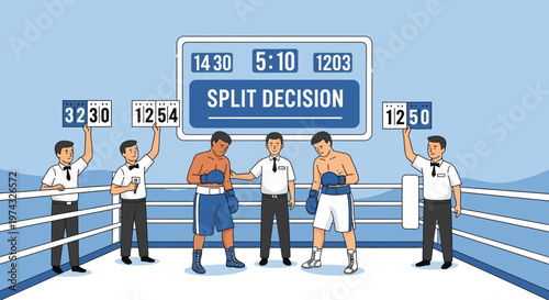 Boxing Match Split Decision Announcer Scorecard Referee Ring Fighters Showdown Victory