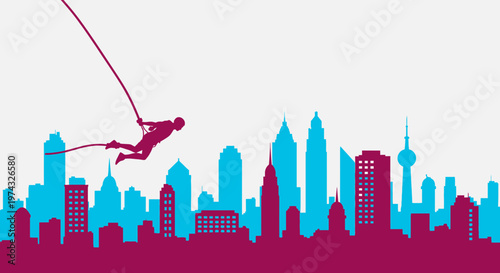 Bungee Jumper Silhouette Leaping Over Vibrant City Skyline Silhouette