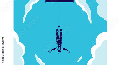 Bungee Jumper Suspended Mid-Air Against Vibrant Blue Sky