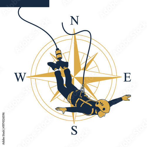 Bungee Jumper Suspended Mid-Air Above Compass Rose Graphic Element