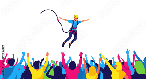 Bungee Jumper Soars Above Ecstatic Crowd Cheering Enthusiastically