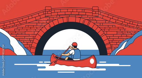 Canoeist Navigates Under Ancient Stone Bridge Vivid Colors