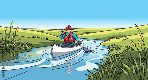 Canoeist Paddling Down Gentle River Through Lush Green Scenery