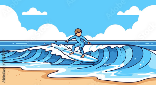 Captivating Cartoon Surfer Riding A Blue Wave On A Sunny Day