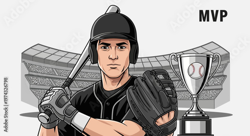 Champion Baseball Player Holds Bat And Glove With MVP Trophy At Stadium