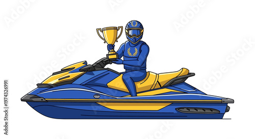 Champion Jet Skier Celebrates Victory With Trophy On Watercraft