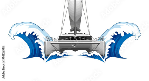 Catamaran Sailing Through Powerful Ocean Waves Dynamic Maritime Adventure