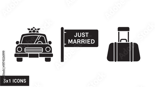 Just Married Wedding Icons Set With Car Luggage For Travel Concepts