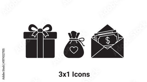 Black icons of gift box, money bag, and envelope with dollars on white background for finance and gift concepts