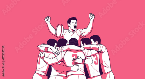 Celebration Rugby Team Huddle Victory Hugging Success Dynamic Pose