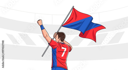 Celebratory Athlete Waving National Flag In Stadium Triumph