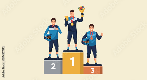 Champions On The Podium Celebrating Sporting Victory With Medals And Flowers