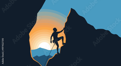 Climber Ascending Rocky Peak At Sunrise With Scenic Horizon View