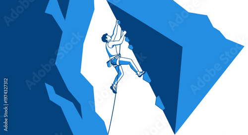 Climber Ascending Rocky Summit With Rope And Gear