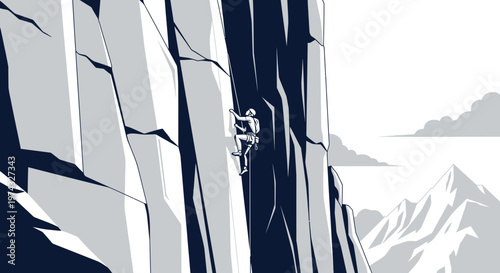 Climber Ascending Steep Rock Face Amidst Majestic Mountain Scenery