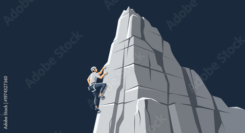 Climber Ascends Jagged Peak Against Dark Sky