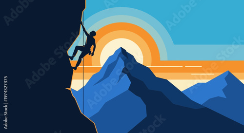 Climber Ascends Majestic Mountain Peak At Sunset With Radiant Sky