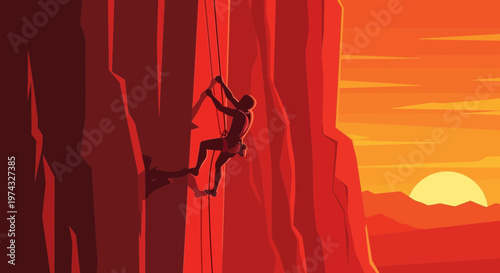 Climber Ascends Red Rock Face Against Fiery Sunset Sky