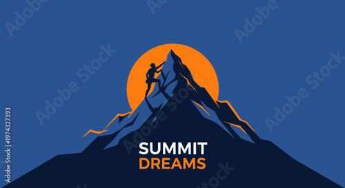 Climber Ascends Mountain Peak Against Vibrant Sunset Sky Symbolizing Ambition