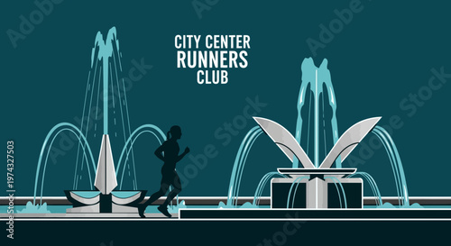 City Center Runners Club With Artistic Fountains And Runner Silhouette