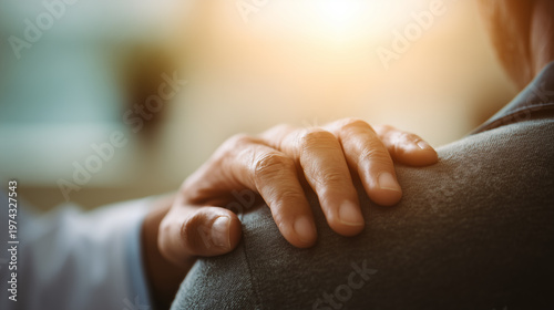 Doctor's hand gently resting on patient's shoulder as a reassuring gesture.