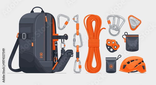 Climbing Gear Expedition Backpack and Essential Accessories Organized