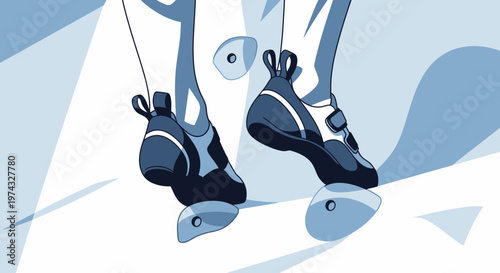 Close Up Of Feet On Climbing Holds With Blue Tones