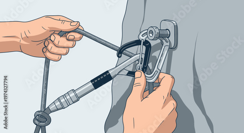 Close Up Of Hands Securing Climbing Rope To Anchor Bolt