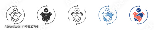 Collection of icons showing a handshake with a checkmark in a circular arrow, symbolizing successful business deals, confirmed partnerships, and trust