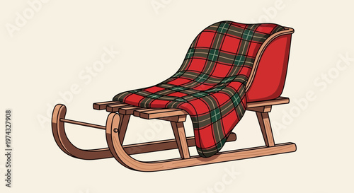 Classic Wooden Sled Covered In A Tartan Blanket Cozy Winter Transport