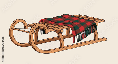 Classic Wooden Sled With A Cozy Plaid Blanket For Winter Fun