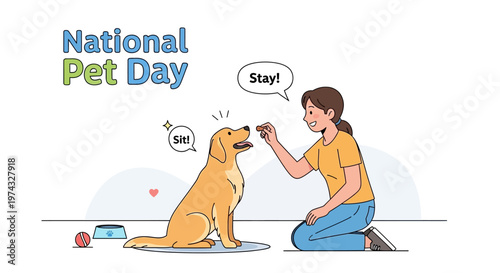 Stylized vector art celebrates National Pet Day, showing a woman training a golden retriever with treats against a clean backdrop, conveying a pet companionship concept with bright colors