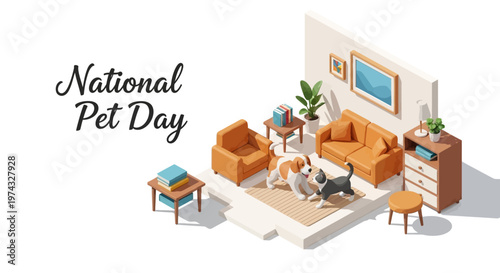 Isometric illustration celebrating National Pet Day with two playful pets interacting in a cozy living room scene, designed in a bright, modern style with a focus on pet companionship