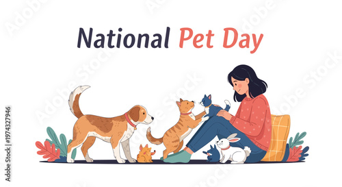 Celebrating National Pet Day with a heartwarming vector illustration of a woman surrounded by her beloved cat and dog companions, showcasing pet care awareness in a brightly colored
