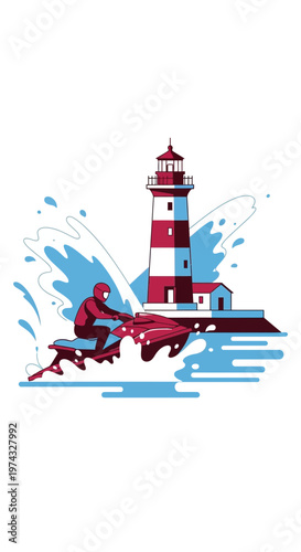 Coastal Adventure Person Riding Jet Ski Near Iconic Lighthouse