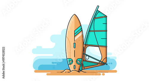 Coastal Windsurfing Gear On Sandy Shore Beach Vacation Scene