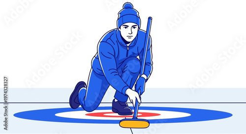Competitive Curling Player In Action On Ice Sheet With Broom
