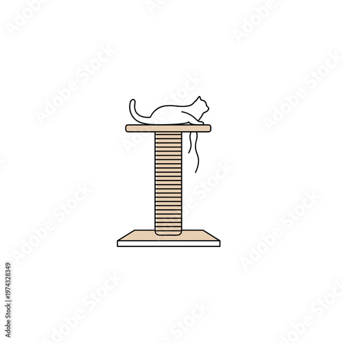 Cat resting on a scratching post with a toy dangling  