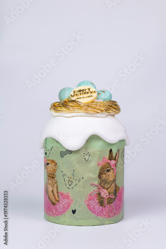 Easter Kulich with White Glaze and Nest of Eggs in Green Bunny Box